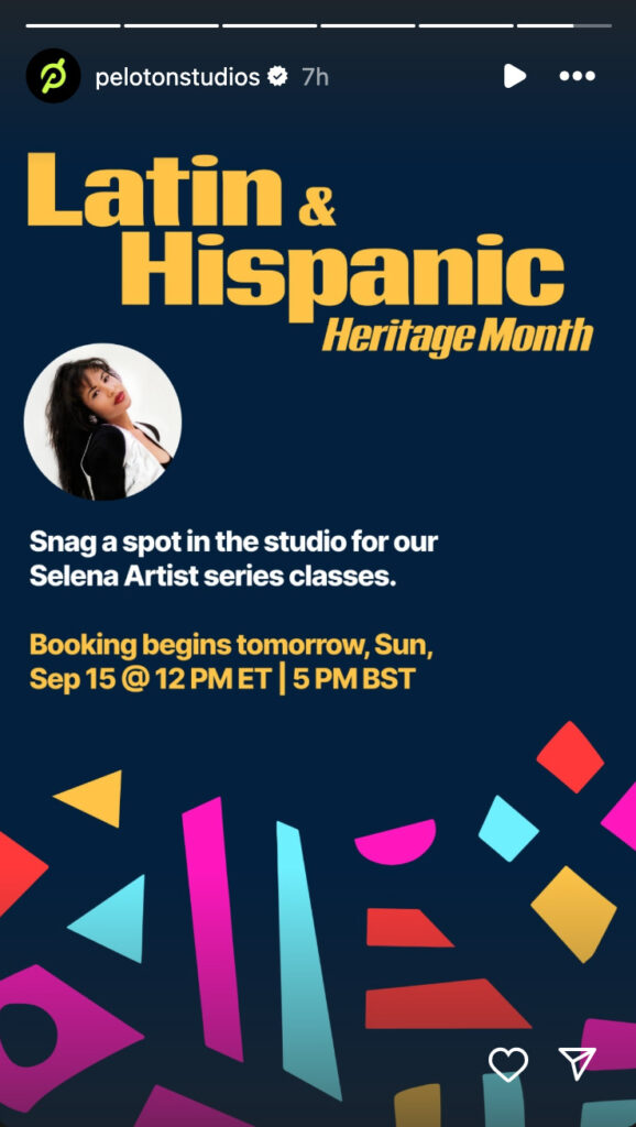 @PelotonStudios Instagram Story announcing Selena classes on studio booking site.
